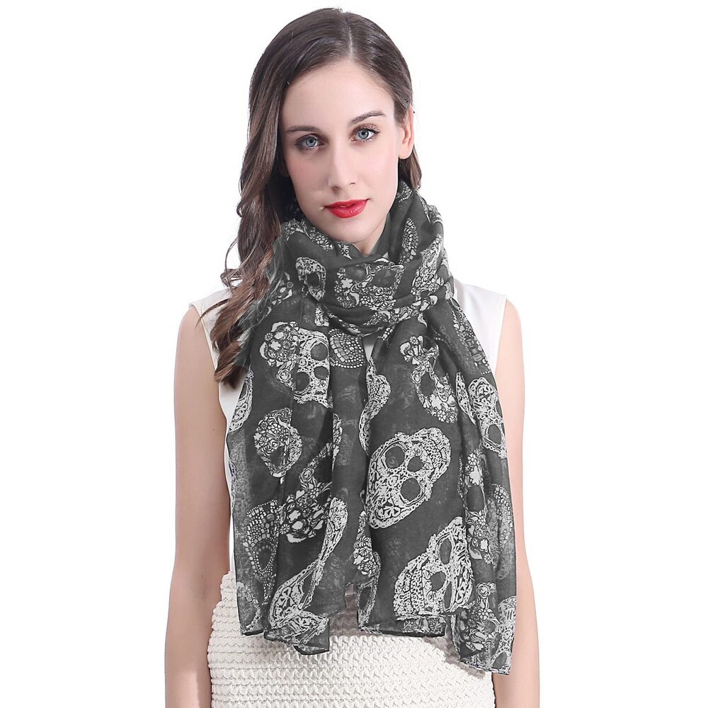 9372 Sugar Skulls Print Scarf Shawl Wrap Lightweight Dark Gray